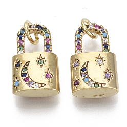 Настоящее золото 18K Латунные микро-паве красочные кубические циркониевые подвески, с целью перехода в кольце, замок с луной и звездой, без никеля , реальный 18 k позолоченный, 16x9.5x4 мм, Отверстие: 5.5x4 мм, кольцо прыгать: 5x0.8 мм, внутренний диаметр: 3 мм