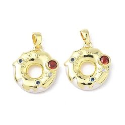 Donut Латунь микропаве фианиты с подвесками из эмали, реальный 18 k позолоченный, пончик, 18x16.5x4 мм, отверстие : 2.3x5 мм