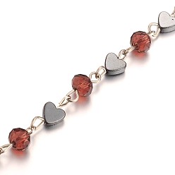 Medium Violet Red Glass Beads Double Link Chains for Necklaces Bracelets Making, with Non-Magnetic Hematite Beads and Iron Eye Pin, Unwelded, Medium Violet Red, 39.3 inch