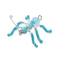 Голубой Подвески в виде муравьев из стеклянных бусин, с синтетическими бирюзовыми бусинами и 304 петлей из нержавеющей стали, голубой, 37x45.5x7.5 мм, отверстие : 3 мм