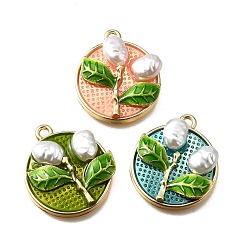 (52) Непрозрачная лаванда Подвески из эмали и сплава, с ABS имитации жемчуга, плоская круглая с подвеской в виде цветка, стойки покрытие, долговечный, без свинца, без кадмии и без никеля, золотые, разноцветные, 24x21x5.5 мм, отверстие : 1.8 мм