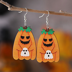 Оранжево-Красный Деревянные серьги на Хэллоуин, с серьгами из нержавеющей стали и крючком, призрак, платина, оранжево-красный, 66 мм