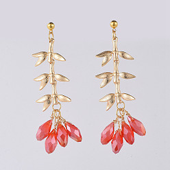 Red Dangle Stud Earring, with Electroplate Glass Beads, Brass Links and Cardboard Packing Box, Bamboo, Red, 61mm, Pin: 0.7mm