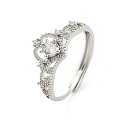 Platinum Brass Micro Pave Cubic Zirconia Adjustable Rings, Crown, Platinum, Inner Diameter: 20mm