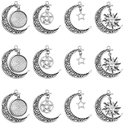 Antique Silver 20Pcs 4 Styles Tibetan Style Alloy Pendants, with Copper Wire, Moon Charms, Antique Silver, 34mm, 5pcs/style