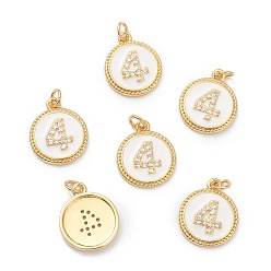 Number Латунные микропаве прозрачные кубические циркониевые подвески, долговечный, с прыжковыми кольцами и белой эмалью, плоские круглые с номером, реальный 18 k позолоченный, кол. 4, 14.5x12x2 мм, отверстие : 1.5 мм