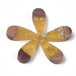 Gold Resin & Walnut Wood Pendants, with Foil, teardrop, Gold, 40.5x16.5x9.5mm, Hole: 3.5mm