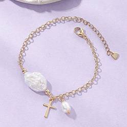 Золотой 201 Браслеты из нержавеющей стали с подвесками из натурального культивированного пресноводного жемчуга, браслеты из латунной цепочки «роло» для женщин, самородки и крест, с натуральным барочным жемчугом кеши, золотые, 7.48 дюйм (19 см)