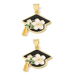 Hat Graduation Season Brass Enamel Pendants, Long-Lasting Plated, Cadmium Free & Lead Free, Real 18K Gold Plated, Black, Graduation Hat with White Flower Charm, 18x19.5x1.5mm, Hole: 4x3mm