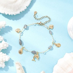 Лабрадорита Браслеты из натурального лабрадорита для женщин, дельфин 304 браслеты с подвесками из нержавеющей стали, 7-1/4 дюйм (18.3 см)