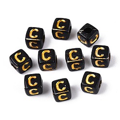 Letter C Непрозрачные акриловые бусины, золотой металл обвитыми, куб с письмом, чёрные, буква С, 4.5~5x4.5~5x4.5~5 мм, отверстие : 2 мм, Около 6250 шт / 500 г