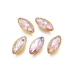 Pink Sew on Rhinestone, Transparent Glass Rhinestones, with Iron Prong Settings, Faceted, Horse Eye, Pink, 15.5x8x4.5mm, Hole: 0.9mm