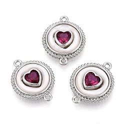 Платина Подвески из латуни с инкрустацией из темно-розовых кубических цирконий и соединительными элементами в виде ракушек., плоский круглый с сердечками, платина, 18x14x4 мм, отверстие : 1.2 мм