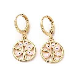 Pink Tree with Evil Eye Golden Brass Dangle Leverback Earrings, with Enamel, Pink, 28.5x13.5mm