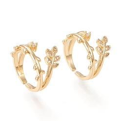 Настоящее золото 18K Регулируемые латунные кольца микро манжеты из прозрачного циркония, открытые кольца, долговечный, листовые ветви, реальный 18 k позолоченный, размер США 6 (16.5 мм)
