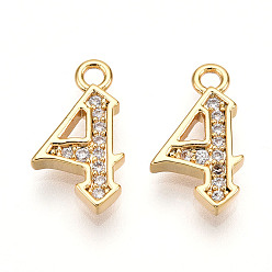 Настоящее золото 18K Латунные микро проложить кубического циркония прелести, число 4, реальный 18 k позолоченный, 13~14x4.5~8x2 мм, отверстие : 1.5 мм