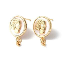 Real 18K Gold Plated Brass Stud Earring Findings, with Shell, Cup Peg Bails and 925 Sterling Silver Pins, Cadmium Free & Nickel Free & Lead Free, Flat Round with Women, Real 18K Gold Plated, 24x14mm, Pin: 0.8mm