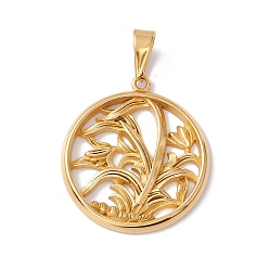 Золотой Вакуумное покрытие pvd 304 подвески из нержавеющей стали, плоская круглая с подвеской в виде цветка, золотые, 36x32x3 мм, отверстие : 10x4.5 мм