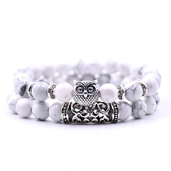 Howlite 2Pcs 2 Style Natural Howlite Stretch Bracelets Set with Alloy Owl Beaded, Gemstone Jewelry for Women, 7-1/2 inch(19cm), 1Pc/style