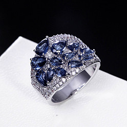 Морской Синий Латунные микро проложить пальцев кольца кубического циркония, цветок, платина, Marine Blue, размер США 9 (18.9 мм)