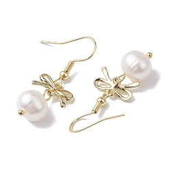 Golden Alloy Bowknot Dangle Earrings, Natural Cultured Freshwater Pearl Drop Earrings, Golden, 36x12.5mm
