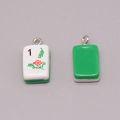 Farbig Harzanhänger, mit Eisen-Befund, Nachahmung von Mahjong-Fliesen, grün, Rechteck, Farbig, 19.5~20.5x11.5x7~7.5 mm, Bohrung: 2 mm