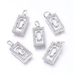 Платина Латунные микро проложить кубического циркония подвески, с прыжковыми кольцами и натуральной оболочкой, долговечный, без кадмия и без свинца и без никеля, для религии, прямоугольник с рукой хамса / рукой фатимы / рукой мириам, прозрачные, платина, 16x8x3 мм, отверстие : 3.4 мм