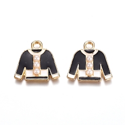 Черный Подвески из эмалевого сплава с покрытием из легкого золота, с акриловой имитация жемчуга, одежда, чёрные, 18x18x3.5 мм, отверстие : 2.5 мм