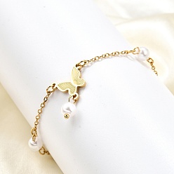 Золотой 304 из нержавеющей стали бабочка ссылка браслеты, ювелирные изделия из кабельной цепи для женщин, с пластиковыми бусинами из искусственного жемчуга, золотые, 5-5/8 дюйм (14.2 см)