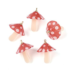 Оранжево-Красный Пластиковые подвески, с акриловыми и позолоченными латунными петлями, гриб, оранжево-красный, 23x17~18 мм, отверстие : 1.5 мм
