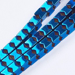 со Синим Покрытием Гальванизировать немагнитных синтетический гематит бисер пряди, бисер нитей, кубические, с покрытием синим, 3x3x3 мм, отверстие : 0.5 мм, около 132 шт / нитка, 15.7 дюйм (9.8 см)