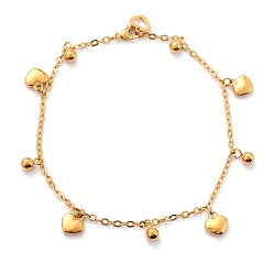 Golden 304 Stainless Steel Charm Anklets, with Cable Chains, Heart & Round, Golden, 10 inch(25.3cm)