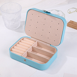 Голубой Прямоугольная коробка для хранения ювелирных изделий из искусственной кожи с ворсом и кнопкой-кнопкой, дорожный портативный футляр для ювелирных изделий, для ожерелья, Кольца, серьги и подвески, голубой, 16x11.5x5.5 см