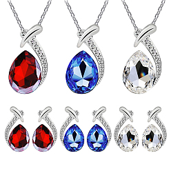 (52) Непрозрачная лаванда 3 комплекты 3 комплекты из ожерелий и серег-гвоздиков из цветного сплава со стразами, слеза, разноцветные, 16x9 мм