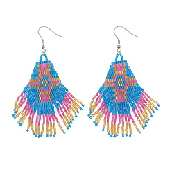 Морской Синий Серьги-подвески с кисточками из стеклянного бисера в китайском стиле ручной работы с шестигранным узором, платина, Marine Blue, 80x45 мм