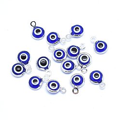 Mixed Color Handmade Evil Eye Lampwork Charms, with Brass Findings, Flat Round, Blue, Mixed Color, 10x6.5x3mm, Hole: 1.5mm