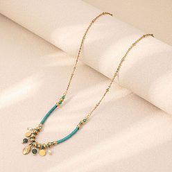 Темно-бирюзовый Ожерелье в стиле бохо 304 из нержавеющей стали с овальной монетой-кисточкой и подвеской из пластиковой жемчужины на хлопковом шнурке для женщин, золотые, темные бирюзовый, 15.75 дюйм (40 см)