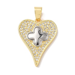 Настоящее золото 18K Двухцветные латунные подвески с микропаве из прозрачных кубических цирконий, сердце с крестными прелестями, стойки покрытие, долговечный, без кадмия и без свинца, реальный 18 k позолоченный, 26x20x3 мм, отверстие : 4.5x7 мм