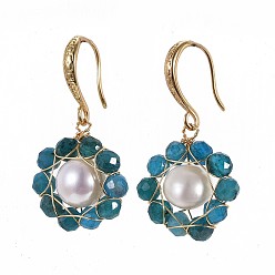 Apatite Natural Apatite Dangle Earrings, with Pearl Beads and Brass Earring Hooks, Packing Box, Real 18K Gold Plated, 32~33mm, Pin: 0.7mm