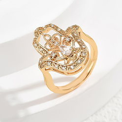 Прозрачный Кольца для женщин с микропаве из латуни и кубическими цирконами, хамса рука, золотые, прозрачные, 21x19 мм, размер США 8 (18.1 мм)