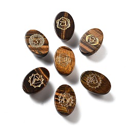 Тигровый глаз Натуральный тигровый глаз овальные витринные украшения, выгравированный символ чакры для балансировки энергии, медитационной терапии, 30~30.5x20x14~15 мм, 7 стили, 1 шт / стиль, 7 шт / комплект