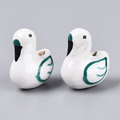 чирок Ручной фарфоровые керамические шарики, лебедь, Famille выросли стиле, зелено-синие, 21~22x17.5~18.5x12.5~13.5 мм, отверстие : 1.6~2 мм