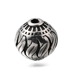 Античное Серебро Гравированные 304 бусины из нержавеющей стали, круглые с листьев шаблон, античное серебро, 9.5 мм, отверстие : 1.8 мм