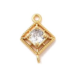 Настоящее золото 18K Подвески-соединители в форме ромба из латуни с прозрачными кубическими цирконами, без никеля , реальный 18 k позолоченный, 14x10x3.5 мм, отверстие : 1.2 мм