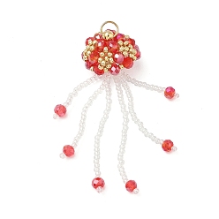 Красный Стеклянные большие кулоны, медуза, со стеклянными бусинами и 304 открытыми соединительными кольцами из нержавеющей стали, граненые, красные, 62x19 мм, отверстие : 4.5 мм