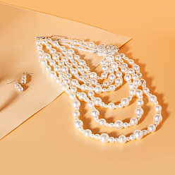 Белый Многослойные ожерелья и серьги с имитацией пластикового жемчуга, комплекты ювелирных изделий из сплава для женщин, белые, 470 мм