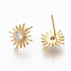 Настоящее золото 18K Латунные серьги-гвоздики с фианитами, с петлей, без никеля , солнце, реальный 18 k позолоченный, 12.5x11.5 мм, отверстие : 0.8 мм, штифты : 0.8 мм