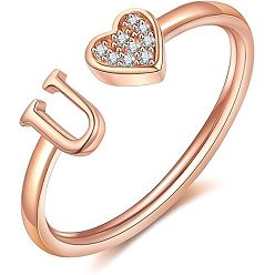 Letter U Регулируемые латунные кольца из манжеты из горного хрусталя, письмо и сердце, розовое золото , Буква U, внутренний диаметр: 15~20 мм