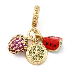 Настоящее золото 18K Латунные подвески с микропаве из ярко-розовых кубических цирконий в форме фруктов, подвески с большим отверстием в виде клубники, лимона, арбуза и эмали, без кадмия и без свинца, стойки покрытие, долговечный, реальный 18 k позолоченный, 26.5 мм, отверстие : 4.5 мм