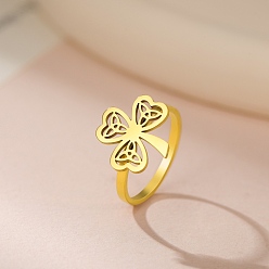 Золотой 304 палец кольца из нержавеющей стали, полые украшения из клевера для женщин, золотые, 14x14.5 мм, размер США 7 3/4 (17.9 мм)